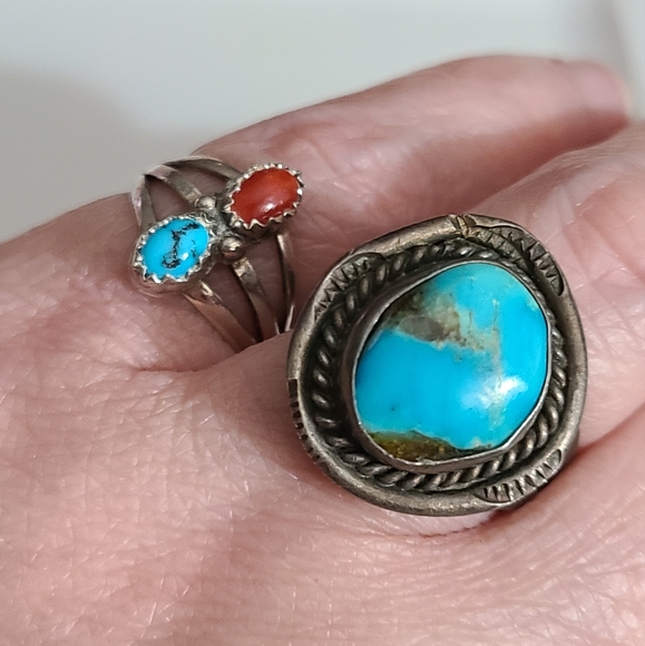 Vintage navajo coral turquoise ring signed Stanley Bain sterling sz 6 1/4 estate